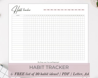 Habit Track Journal, Digital Habit Tracker, PDF Download, Includes 30 Ideas