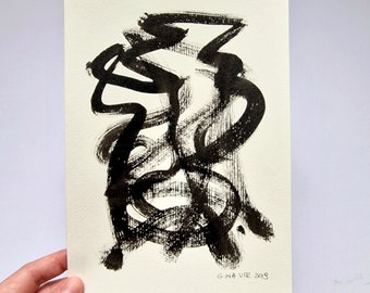 Small Original Abstract Painting, Ink On Paper, Black and White