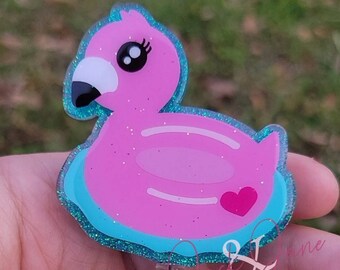 Glittered Flamingo Pool Float Badge Reel: Summer ID Holder