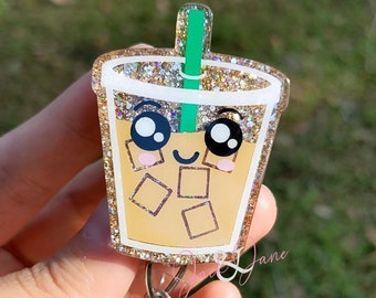 Glitter Iced Coffee Retractable Badge Reel: Teacher, Nurse ID Holder