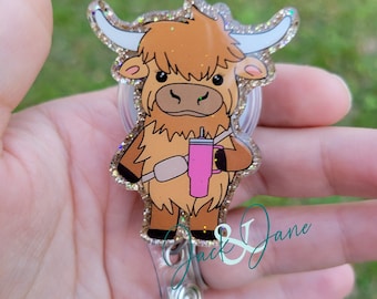 Highland Cow Badge Reel, Retractable Badge Reel, Animal Badge Holder, Cow Badge Reel, Teacher ID Holder, Cute Badge, Glitter Nurse Badge