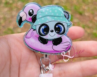 Panda Flamingo Floatie Badge Reel: Summer ID Holder