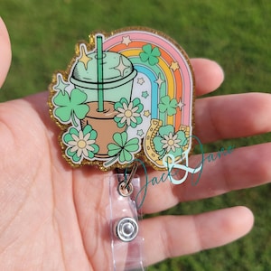 Shamrock Iced Coffee Badge Reel, St Patrick&#39;s Day Badge holder, Gift for Nurse, Rainbow ID Holder, Cute Badge Reel, Glitter Clover Badge