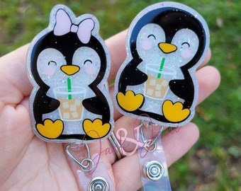 Penguin Badge Reel, Iced Coffee Badge Reel, Penguin Lover Gift, Gift for co-worker, Animal Badge Holder, Nurse Badge Reel, Winter Badge Reel