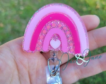 Pink Rainbow Badge Reel, Spring Badge Reel, Nurse Badge Reel, Rainbow ID holder, Summer Badge Reel, Teacher Badge Holder, Mother's Day Badge
