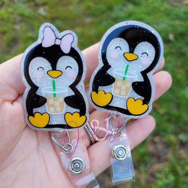 Penguin Badge Reel, Iced Coffee Badge Reel, Penguin Lover Gift, Gift for co-worker, Animal Badge Holder, Nurse Badge Reel, Winter Badge Reel