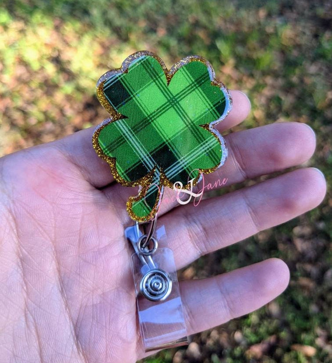 Pink Shamrock Badge Reel, St Patrick's Day Badge, Nurse Badge Reel, Retractable ID Badge Holder...