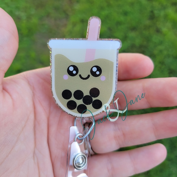 Boba Badge Reel, Bubble Tea Badge Reel, Cute Kawaii Food Badge, Glitter Nurse Badge Reel, Gift for Tea Lover, Boba Gift, Cute Badge Reel