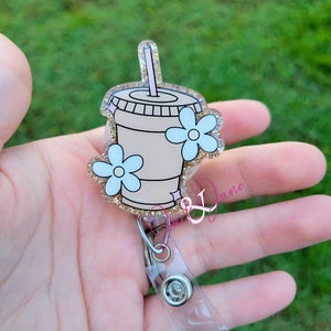 Iced Coffee Badge Reel, Coffee Badge Holder, Gift for Nurse, Teacher ID Holder, Cute Badge, Glitter Nurse Badge Reel, Gift for Coffee Lover