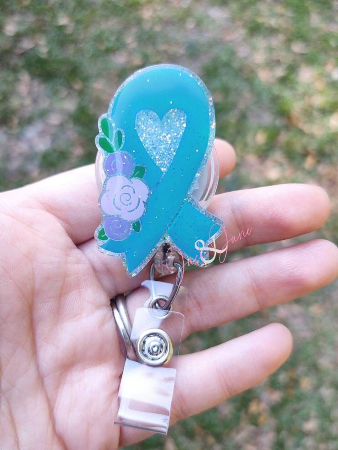 Teal Aqua Awareness Ribbon Badge Holder, ID Holder, Oncology Reel