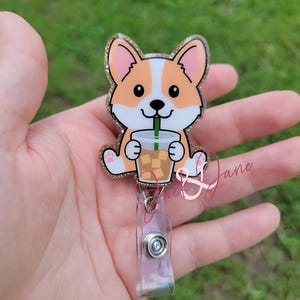 Corgi Badge Reel, Iced Coffee Badge Reel, Corgi Lover Gift, Gift for dog lover, Animal Badge Holder, Nurse Badge Reel, Dog Badge Reel