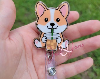 Corgi Badge Reel, Iced Coffee Badge Reel, Corgi Lover Gift, Gift for dog lover, Animal Badge Holder, Nurse Badge Reel, Dog Badge Reel