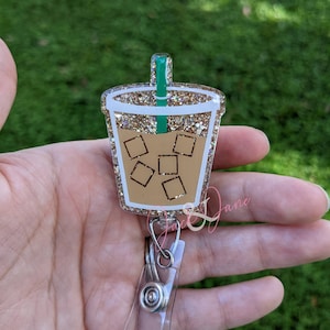 Glittered Iced Coffee Badge Reel: Teacher Nurse Coffee Lover ID Holder