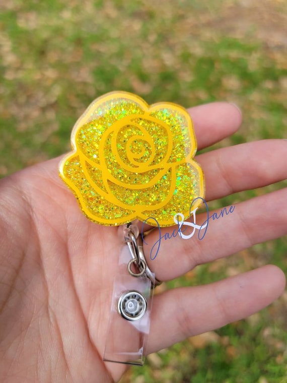 Rose Badge Reel, Spring Retractable Badge Holder, Cute Flower Badge Reel,  Gift for Nurse, Teacher ID Holder, Glitter Nurse Badge Reel 