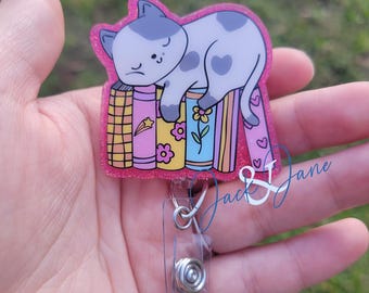 Bobine de badge chat, bobine de badge rétractable pour amoureux des livres, bobine de badge de maman chat, porte-carte d'identité girly, bobine de badge livres mignons, badge d'infirmière, badge d'amoureux des chats