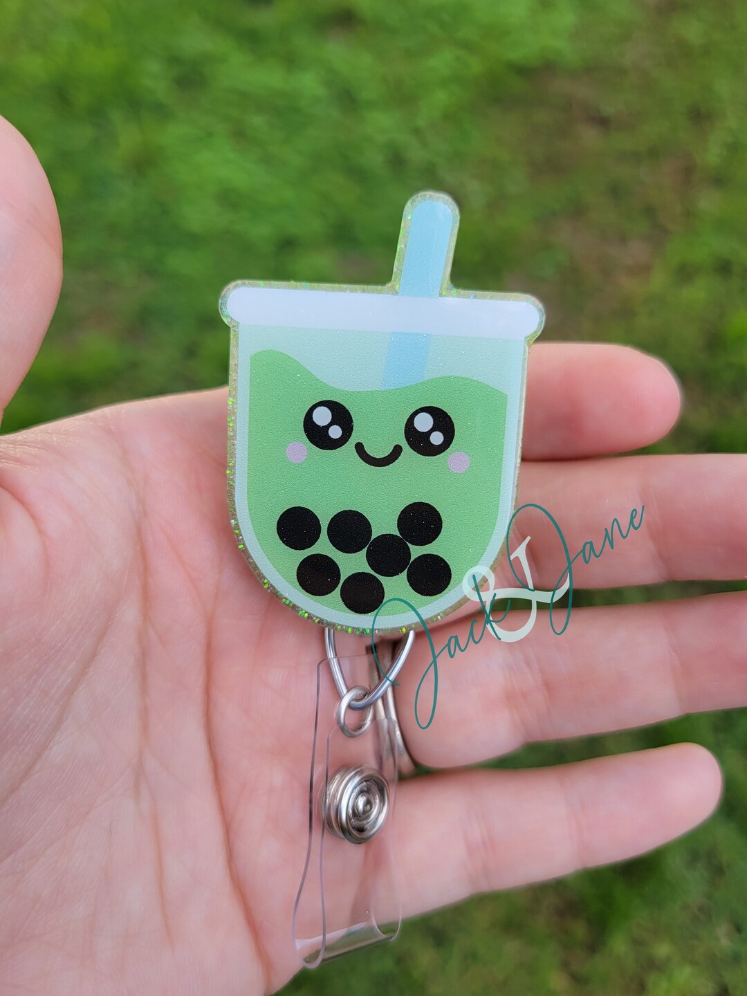 Boba Badge Reel, Bubble Tea Badge Reel, Cute Kawaii Food Badge, Glitter