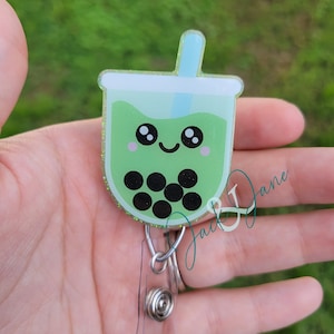 Boba Badge Reel, Bubble Tea Badge Reel, Cute Kawaii Food Badge, Glitter Nurse Badge Reel, Gift for Tea Lover, Boba Gift, Matcha Badge Reel