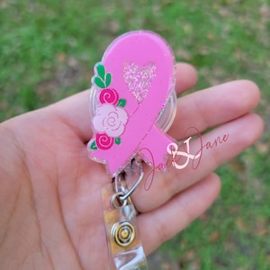 Pink Ribbon Badge Reel, Breast Cancer Awareness Badge Holder, Oncology Badge, Hope Ribbon Badge Reel, ID holder, Gift for Cancer Survivor