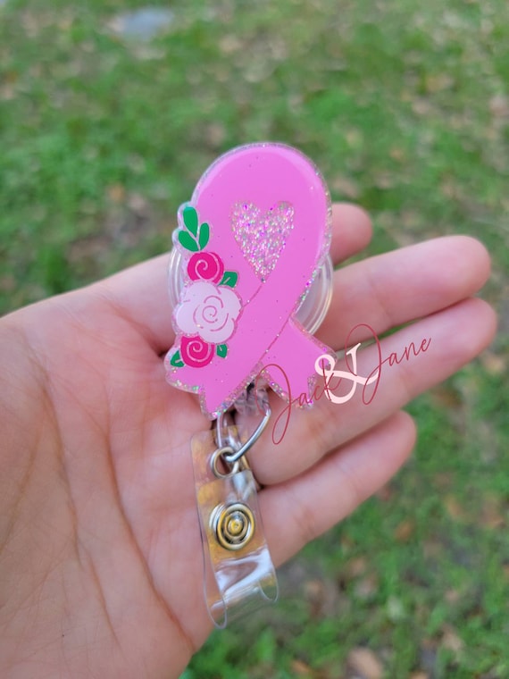 Pink Ribbon Badge Reel, Breast Cancer Awareness Badge Holder