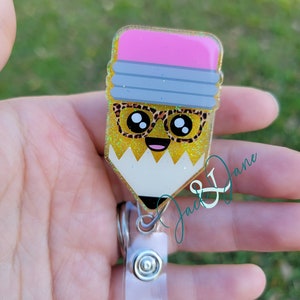 Glittered Pencil with Leopard Glasses Badge Reel: Teacher ID Holder