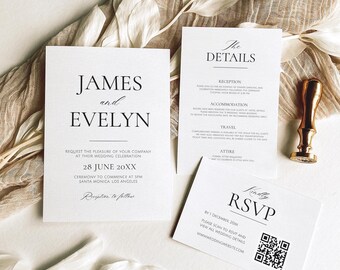 May include: Elegant wedding invitation suite with minimalist design. Includes invitation, details card, RSVP card, and wax seals. The invitation features the names "James and Evelyn" and event details. Soft, neutral color palette.