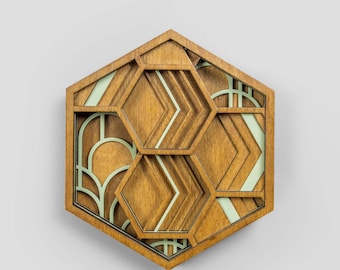 Obra de arte cortada con láser en madera / Hexágono pequeño