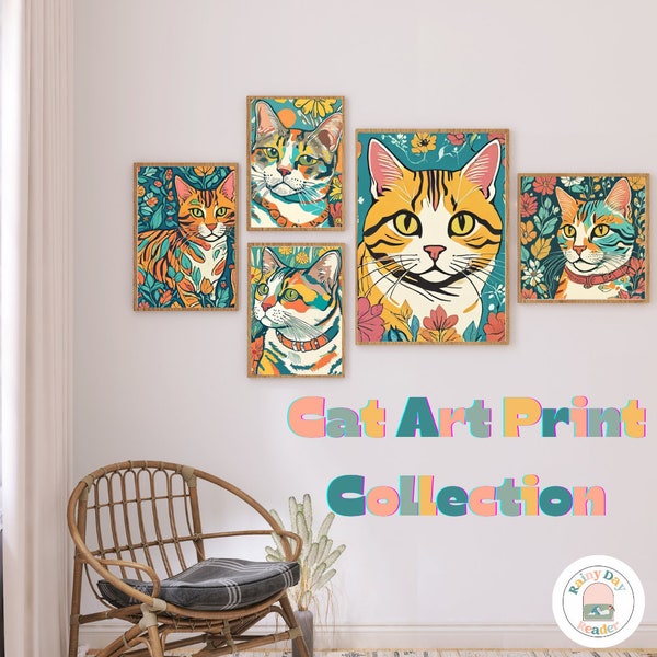 Floral Cat Lover Gallery Art Prints 5 pack| Greenery Nature Prints for livingroom, bedroom, office, Quirky, colorful, bold, illustration art
