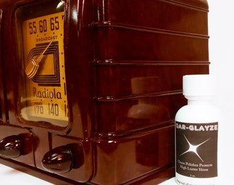 Abrillantador de baquelita y madera: limpia y protege. Brillo alto. Una aplicación. Botella de 2 onzas.