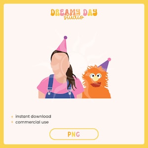 Puede incluir: Ilustración de una persona y un monstruo naranja con gorros de fiesta. La persona lleva una camiseta rosa y un peto azul. El texto "Dreamy Day Studio" está en la parte superior. La imagen también incluye el texto "descarga instantánea" y "uso comercial".