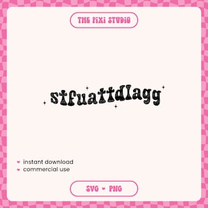 May include: Black and white graphic design with the text "situattdlagg" in a retro font style with stars on either side. The text is on a white background with a pink and white checkered border.