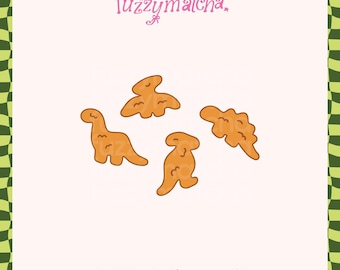 May include: A digital graphic featuring four orange dinosaur-shaped nuggets with simple outlines. The text "fuzzymatcha" appears in pink at the top, and the text "digital download | png + svg file" is printed in black at the bottom of the image.