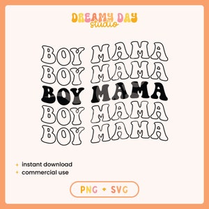 May include: Five stacked black and white outlines of the phrase "Boy Mama" with the third "Boy Mama" in black with a camouflage pattern.