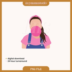 May include: A digital illustration of a person with brown hair wearing a pink shirt, blue overalls, and a pink headband. The person is blowing a large pink bubble.