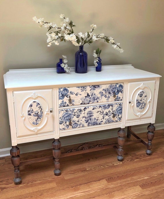 Sold Blue And White Antique Buffet Solid Wood English Jacobean Silver And Glass Pulls Roses Chalk