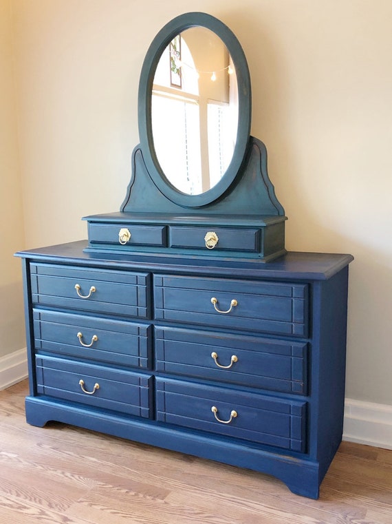 Sold Bohemian Vintage Navy Blue Green Dresser With Oval Etsy
