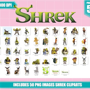 May include: A collection of 50 digital images featuring the character Shrek from the animated film series. The images include various poses and expressions of Shrek, as well as other characters from the films, such as Donkey and Fiona.