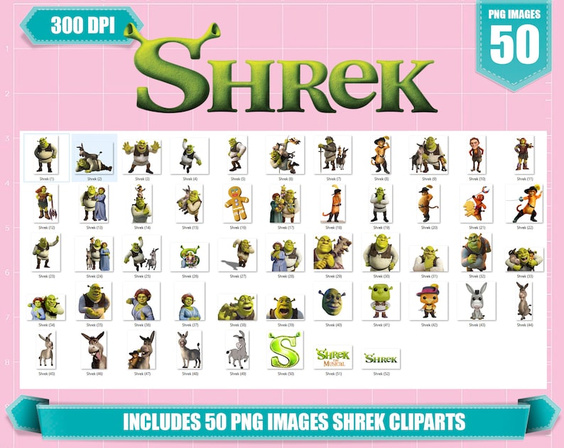 May include: A collection of 50 digital images featuring the character Shrek from the animated film series. The images include various poses and expressions of Shrek, as well as other characters from the films, such as Donkey and Fiona.
