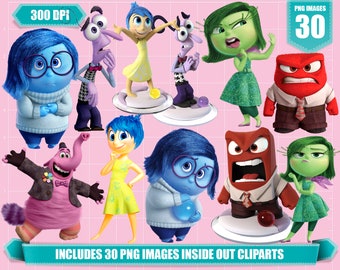 May include: A set of 30 digital clipart images featuring characters from the animated film Inside Out. The characters include Joy, Sadness, Fear, Anger, and Disgust. The images are in PNG format and are perfect for crafting projects, scrapbooking, and more.