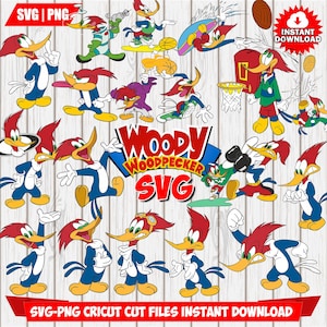 Könnte beinhalten: Eine Sammlung von Cartoon-Bildern von Woody Woodpecker in verschiedenen Posen, mit seiner charakteristischen blauen Jacke und dem roten Kopf. Die Bilder sind im SVG- und PNG-Format, mit dem Text "WOODY WOODPECKER SVG" in der Mitte.