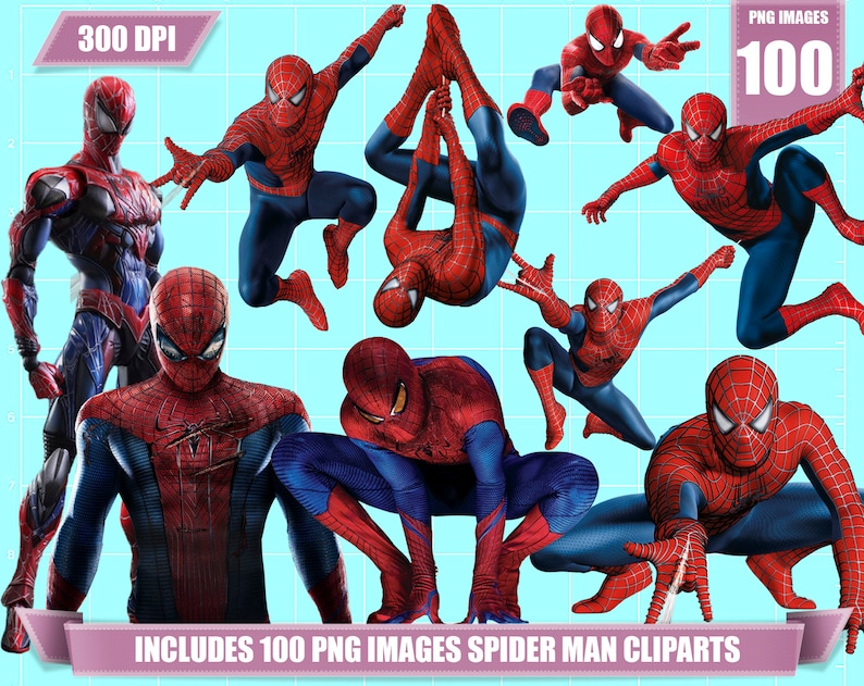 May include: A set of 100 digital clipart images featuring Spider-Man in various poses. The images are high-resolution and perfect for creating crafts, scrapbooking, and other creative projects.  Includes 100 PNG images Spider Man Cliparts.
