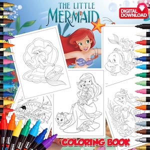 May include: A selection of colouring book pages featuring characters from "The Little Mermaid." The pages include line drawings of Ariel, Flounder, and other characters. The words "The Little Mermaid" and "Coloring Book" are visible.