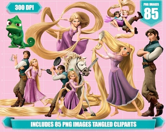 May include: A set of 85 digital clipart images featuring characters from the animated film Tangled. The images include Rapunzel, Flynn Rider, Pascal the chameleon, and Maximus the horse. The images are in PNG format and are 300 DPI.