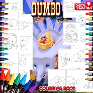 May include: A Dumbo coloring book with various illustrations of the character. The cover features Dumbo with Timothy Mouse in a yellow hat. The title "DUMBO" is displayed in large, bold letters. The words "COLORING BOOK" are at the bottom.