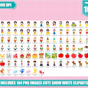 Pu&ograve; includere: Un set di 104 immagini clipart digitali con Biancaneve e altri personaggi della fiaba. Le immagini includono Biancaneve, i sette nani, la Regina Cattiva, mele, uccelli e molto altro. Le immagini sono in stile cartone animato e sono perfette per l'uso in artigianato, scrapbooking e altri progetti creativi.