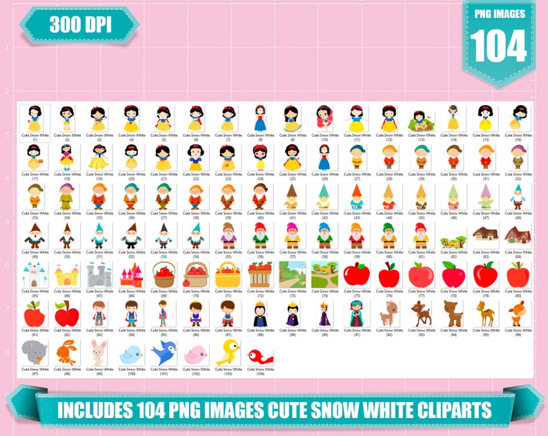 Pu&ograve; includere: Un set di 104 immagini clipart digitali con Biancaneve e altri personaggi della fiaba. Le immagini includono Biancaneve, i sette nani, la Regina Cattiva, mele, uccelli e molto altro. Le immagini sono in stile cartone animato e sono perfette per l'uso in artigianato, scrapbooking e altri progetti creativi.