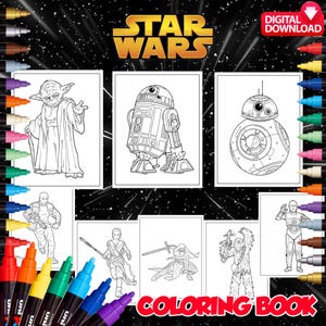 May include: A Star Wars coloring book featuring line art of characters like Yoda, R2-D2, and BB-8. The cover includes the Star Wars logo and the words "Coloring Book" in red. A digital download is indicated.