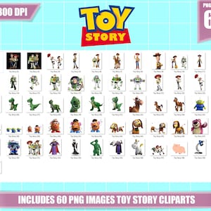 May include: A set of 60 digital clip art images featuring characters from the Toy Story movie franchise. The images include Woody, Buzz Lightyear, Jessie, Rex, Mr. Potato Head, and other characters. The images are in PNG format and are 300 DPI.