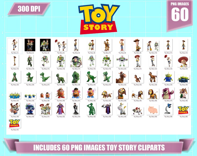 May include: A set of 60 digital clip art images featuring characters from the Toy Story movie franchise. The images include Woody, Buzz Lightyear, Jessie, Rex, Mr. Potato Head, and other characters. The images are in PNG format and are 300 DPI.