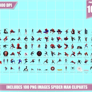 May include: A set of 100 digital clipart images featuring Spider-Man in various poses and actions. The images are in PNG format and are 300 DPI.