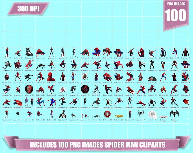 May include: A set of 100 digital clipart images featuring Spider-Man in various poses and actions. The images are in PNG format and are 300 DPI.